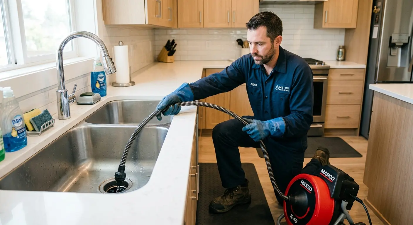 Drain cleaning technician using a motorized snake on a kitchen sink in Rogers