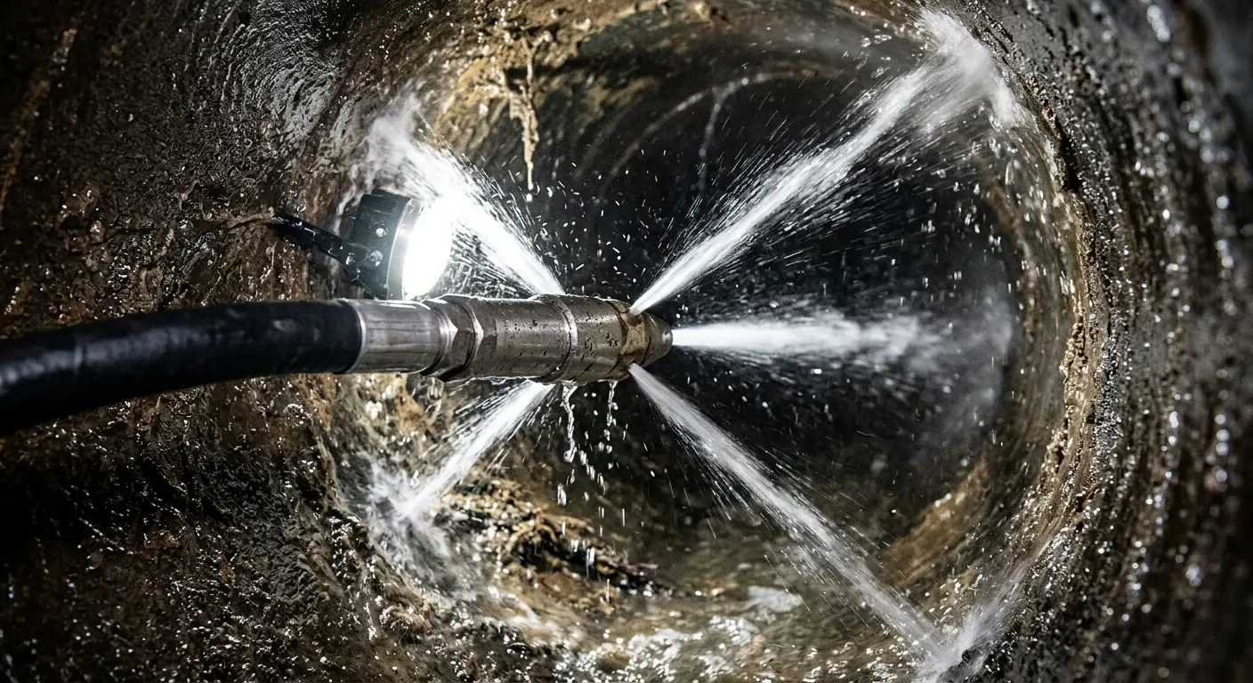 High-pressure hydro jetting nozzle cleaning sewer pipe for Sewer Cleanout in Rogers