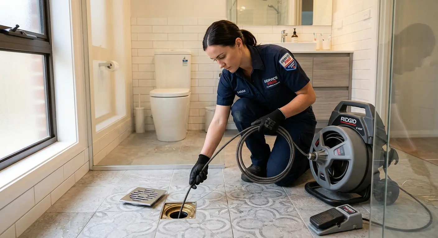 Technician clearing a bathroom floor drain for Drain Cleaning in Rogers